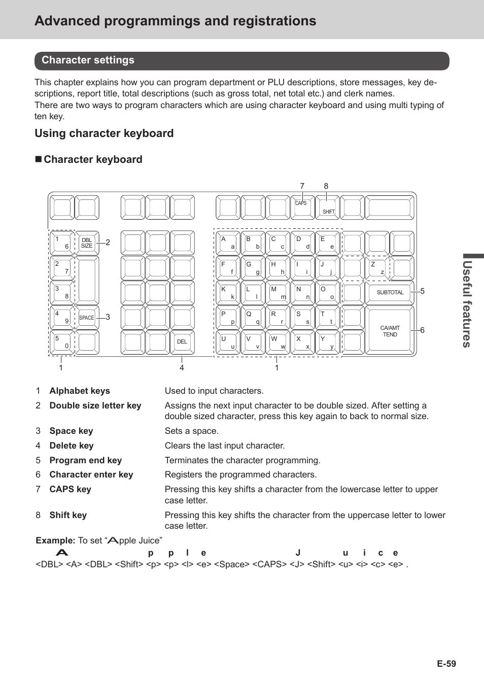 Advanced programmings and registrations, Use ful fe atu re s, Using character keyboard | Character settings, Character keyboard | Casio SE-S3000 Manual User Manual | Page 59 / 112