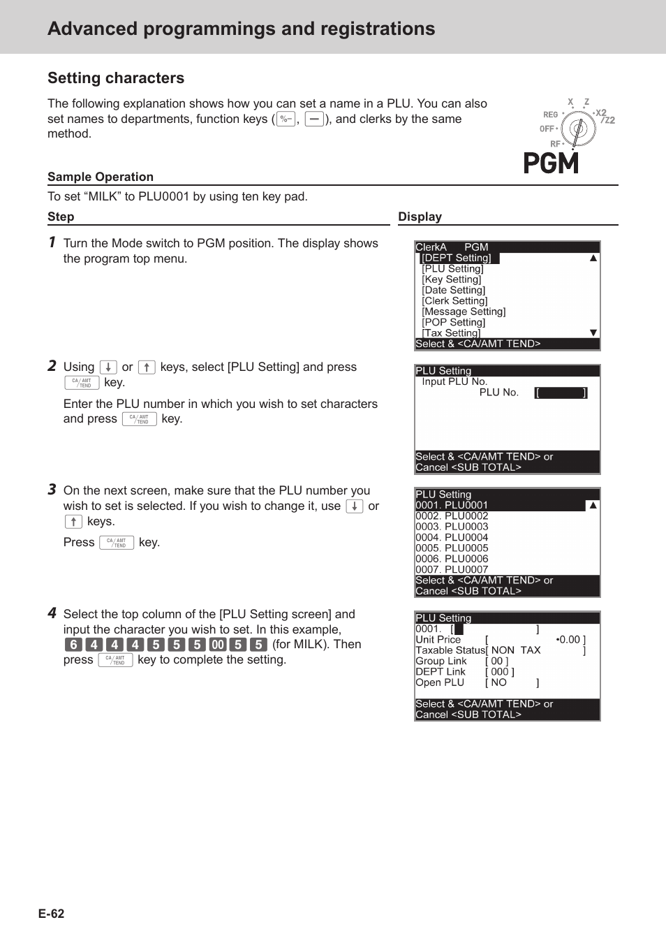 Advanced programmings and registrations, Setting characters | Casio SE-S3000 Manual User Manual | Page 62 / 112