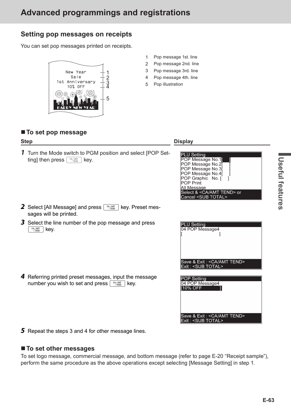 Advanced programmings and registrations, Use ful fe atu re s, Setting pop messages on receipts | Casio SE-S3000 Manual User Manual | Page 63 / 112