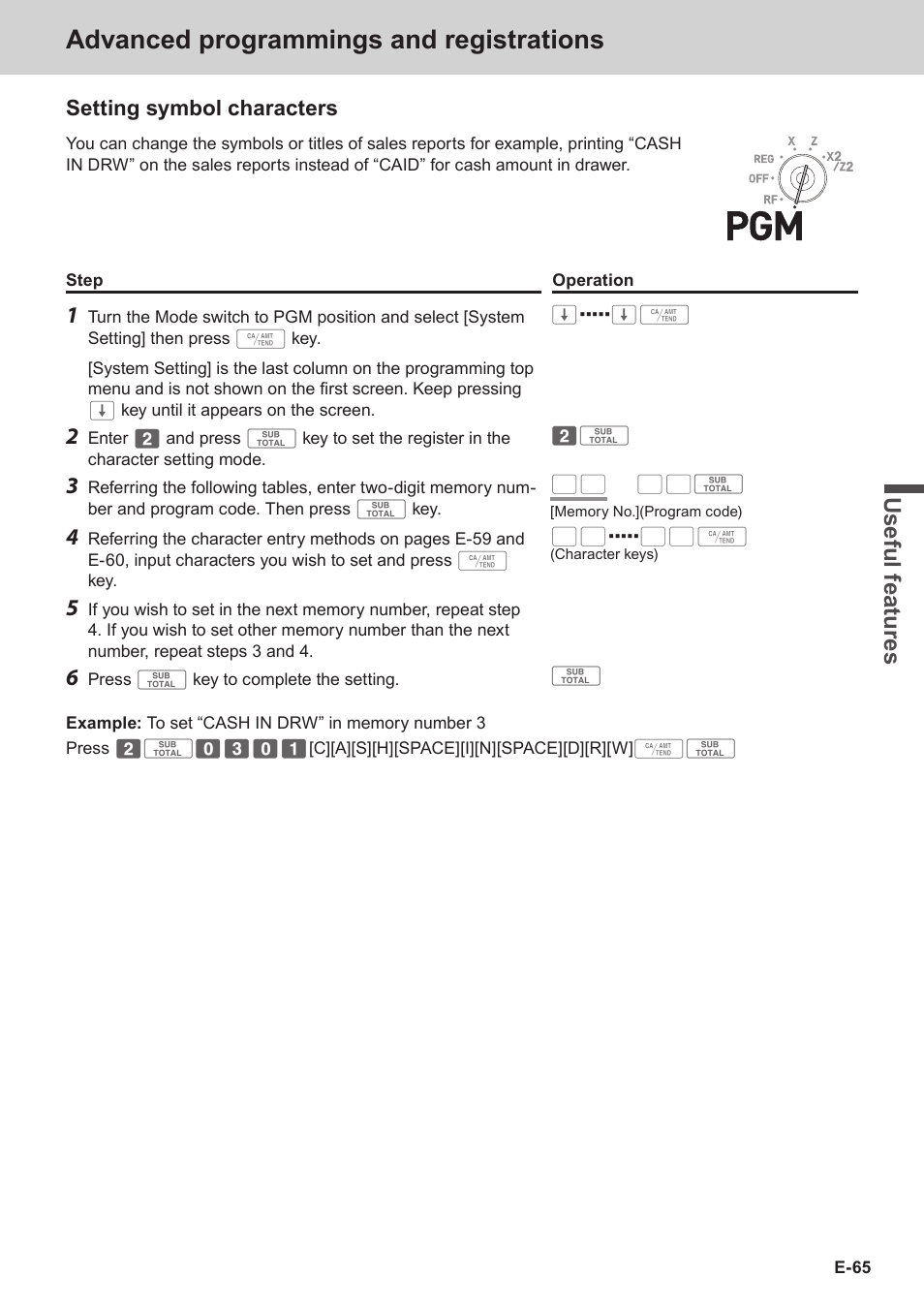 Advanced programmings and registrations, Use ful fe atu re s, Setting symbol characters | Casio SE-S3000 Manual User Manual | Page 65 / 112