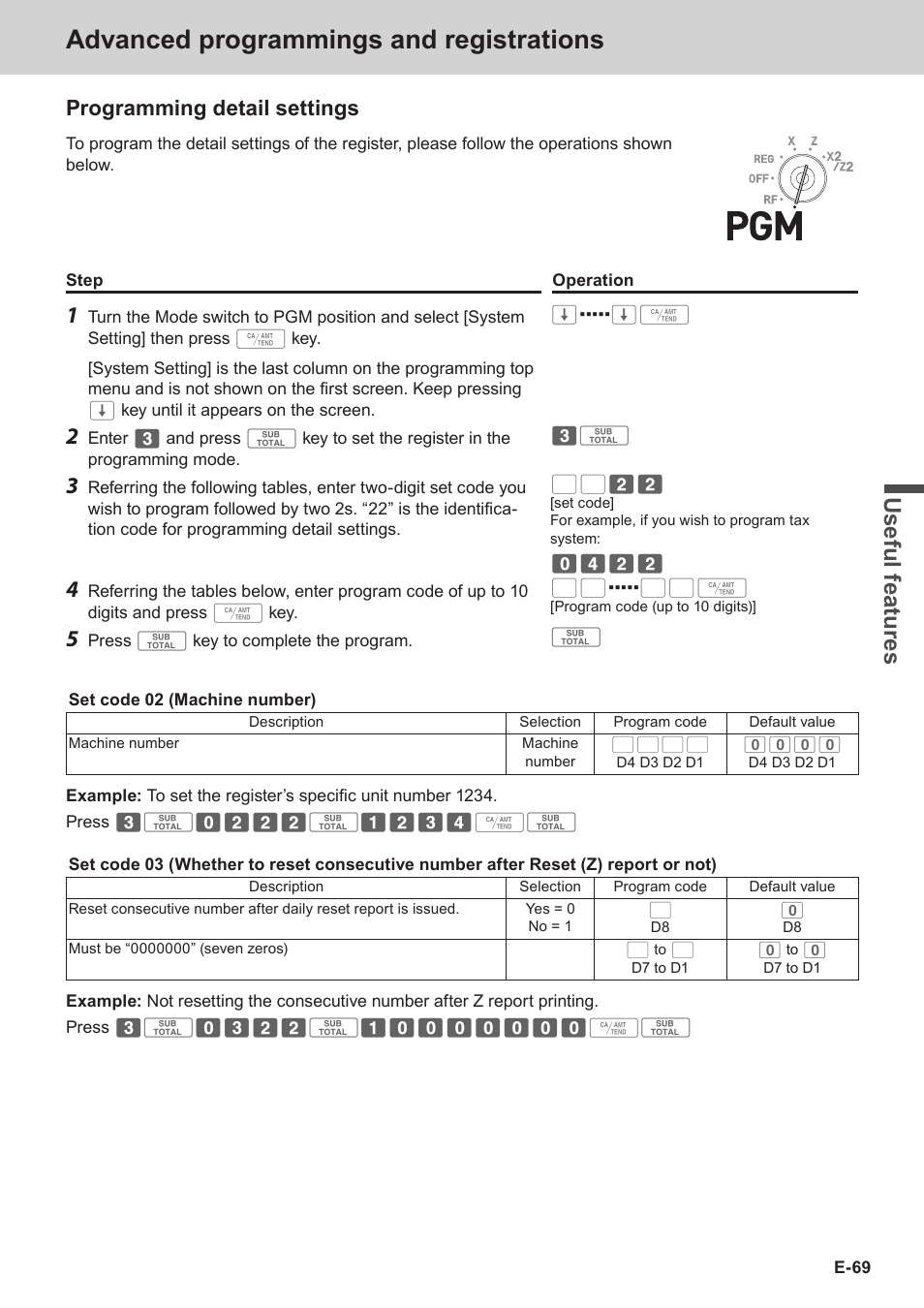 Advanced programmings and registrations, Use ful fe atu re s, Programming detail settings | Casio SE-S3000 Manual User Manual | Page 69 / 112