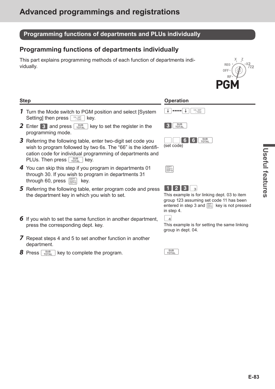 Advanced programmings and registrations, Use ful fe atu re s, Programming functions of departments individually | Casio SE-S3000 Manual User Manual | Page 83 / 112