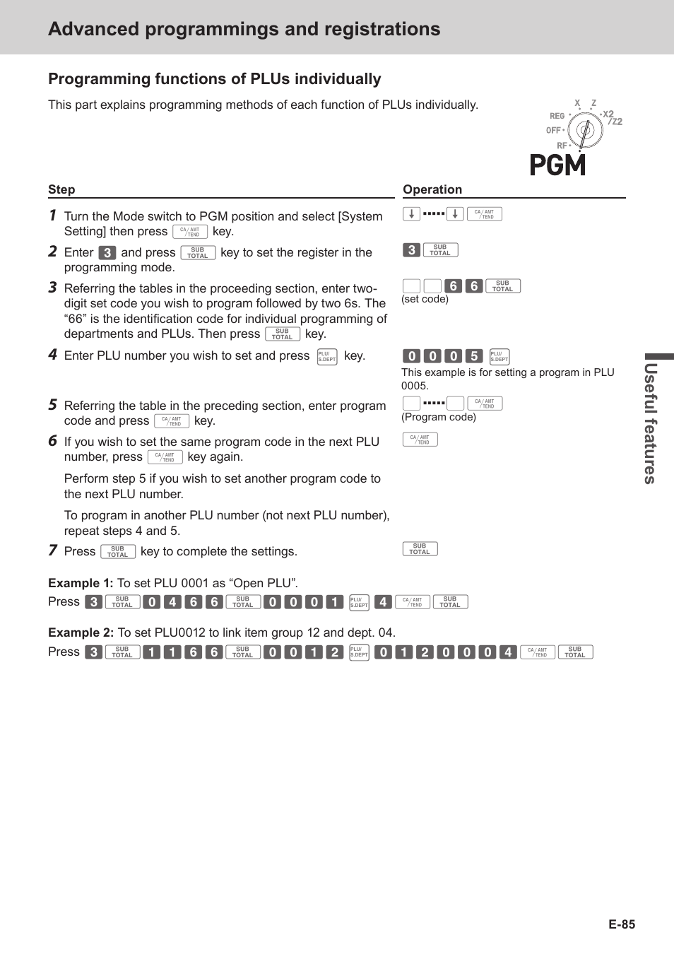 Advanced programmings and registrations, Use ful fe atu re s, Programming functions of plus individually | Casio SE-S3000 Manual User Manual | Page 85 / 112