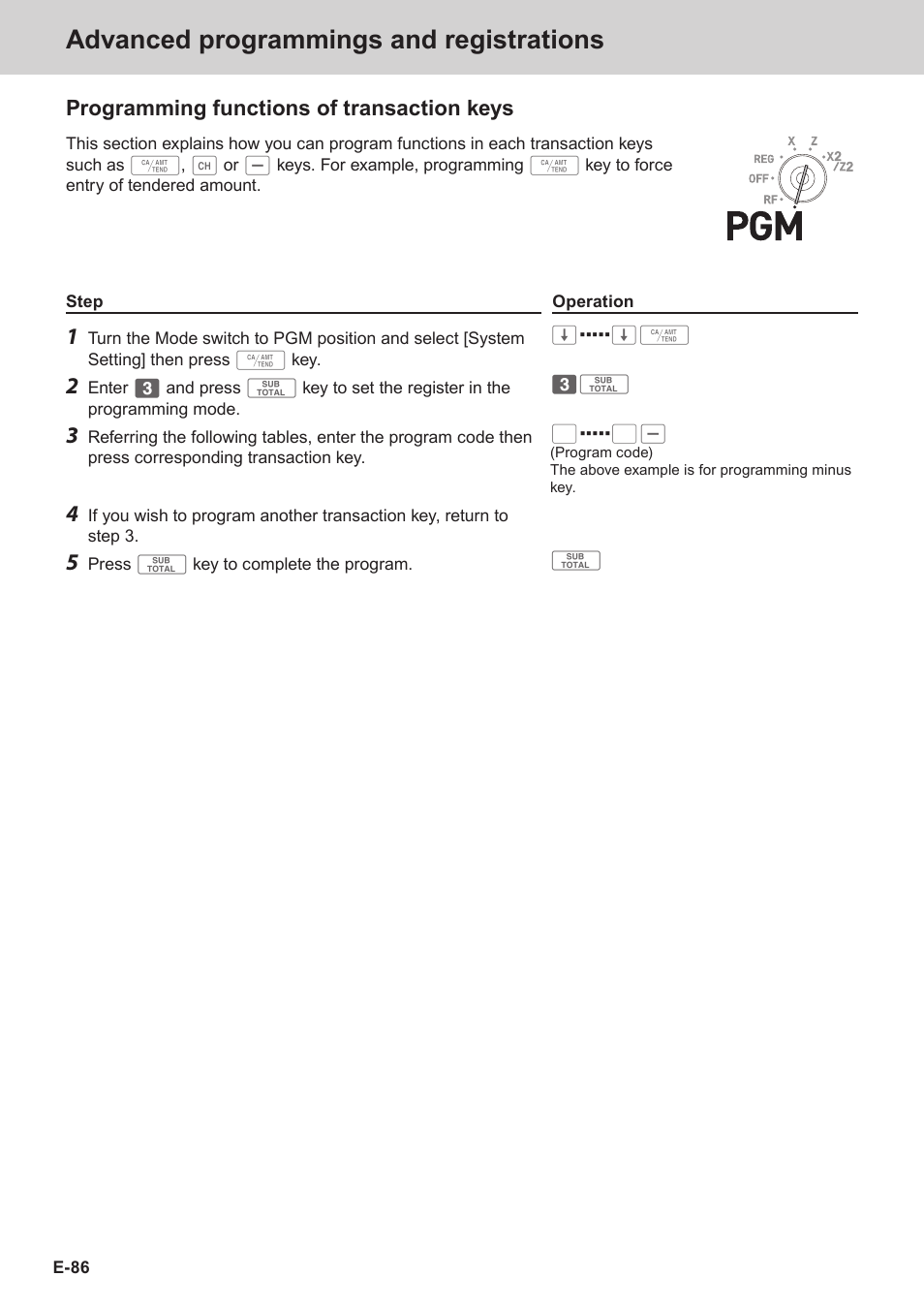 Advanced programmings and registrations, Programming functions of transaction keys | Casio SE-S3000 Manual User Manual | Page 86 / 112