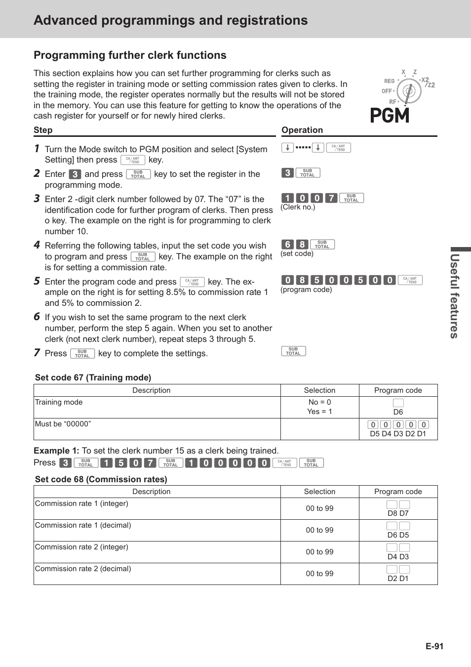 Advanced programmings and registrations, Use ful fe atu re s, Programming further clerk functions | Casio SE-S3000 Manual User Manual | Page 91 / 112