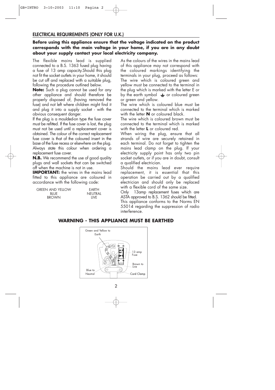 Electrical requirements (only for u.k.), Warning - this appliance must be earthed | DeLonghi ME 28 User Manual | Page 2 / 7