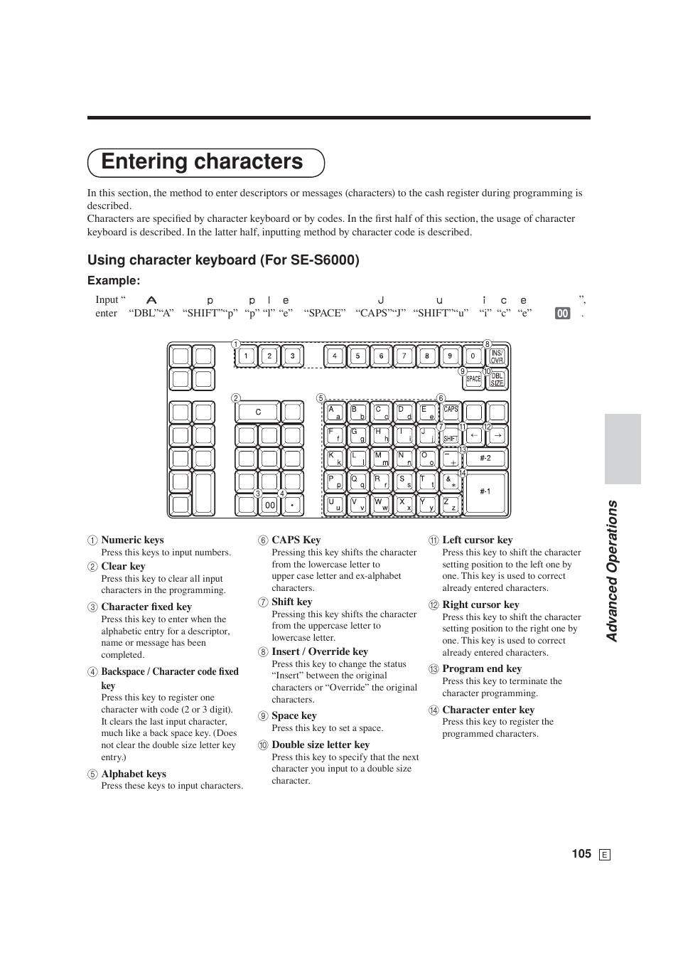 Entering characters, Ad v anced operations, Using character keyboard (for se-s6000) | Casio SE-S6000 User Manual | Page 106 / 134