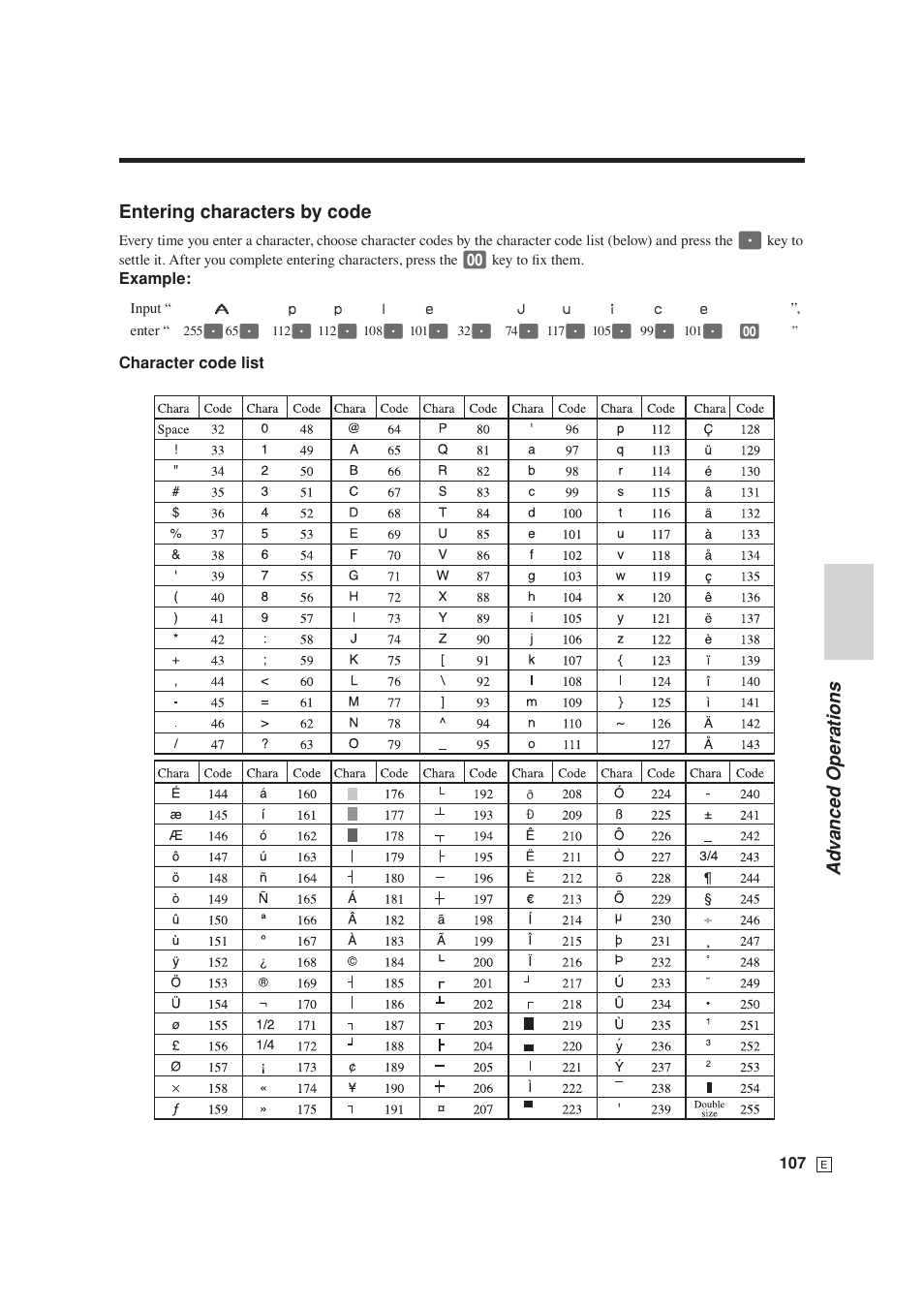 Ad v anced operations entering characters by code | Casio SE-S6000 User Manual | Page 108 / 134