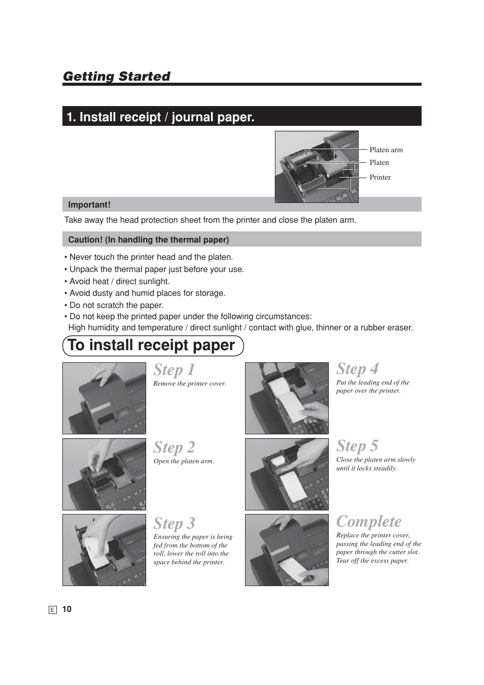 Step 1, Step 2, Step 3 | Complete, Step 5, Step 4, Getting started, Install receipt / journal paper | Casio SE-S6000 User Manual | Page 11 / 134