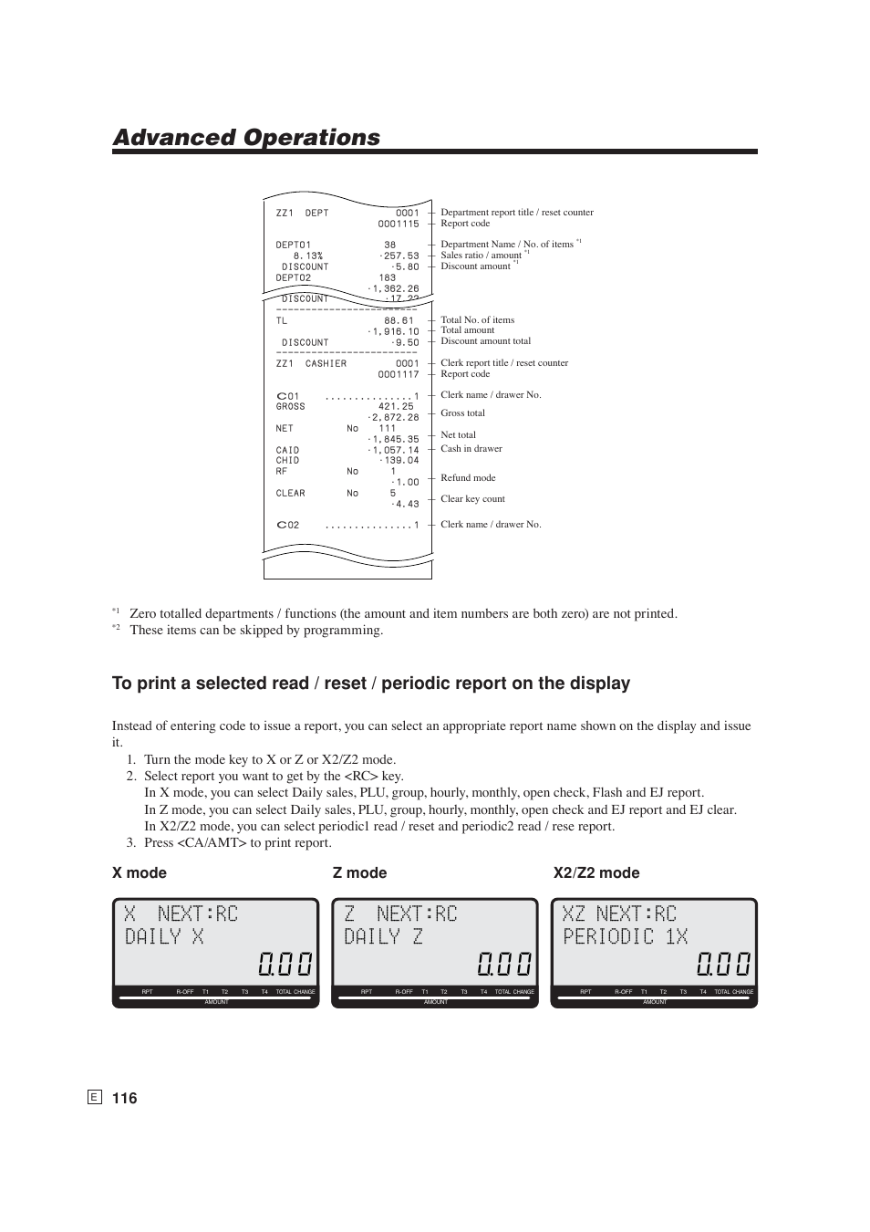 Advanced operations, X next:rc daily x, Xz next:rc periodic 1x | Z next:rc daily z, X mode z mode x2/z2 mode, These items can be skipped by programming | Casio SE-S6000 User Manual | Page 117 / 134