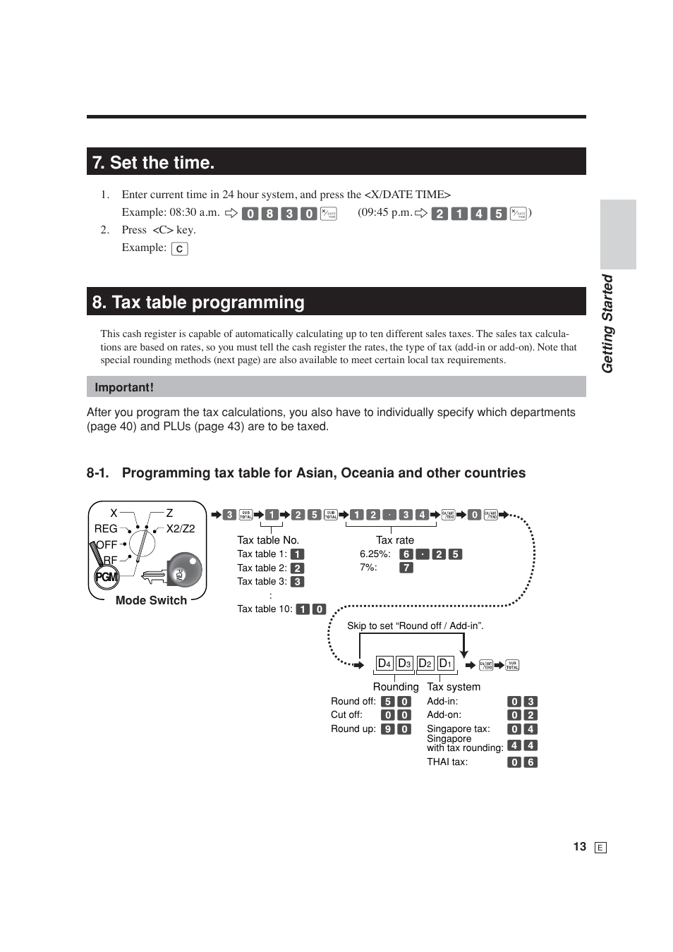 Set the time, Tax table programming, Getting star ted | Casio SE-S6000 User Manual | Page 14 / 134