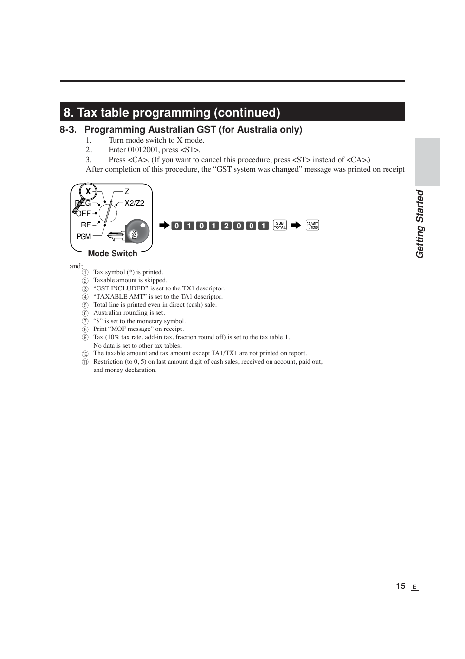 Tax table programming (continued), Getting star ted, 3. programming australian gst (for australia only) | S 6 a | Casio SE-S6000 User Manual | Page 16 / 134