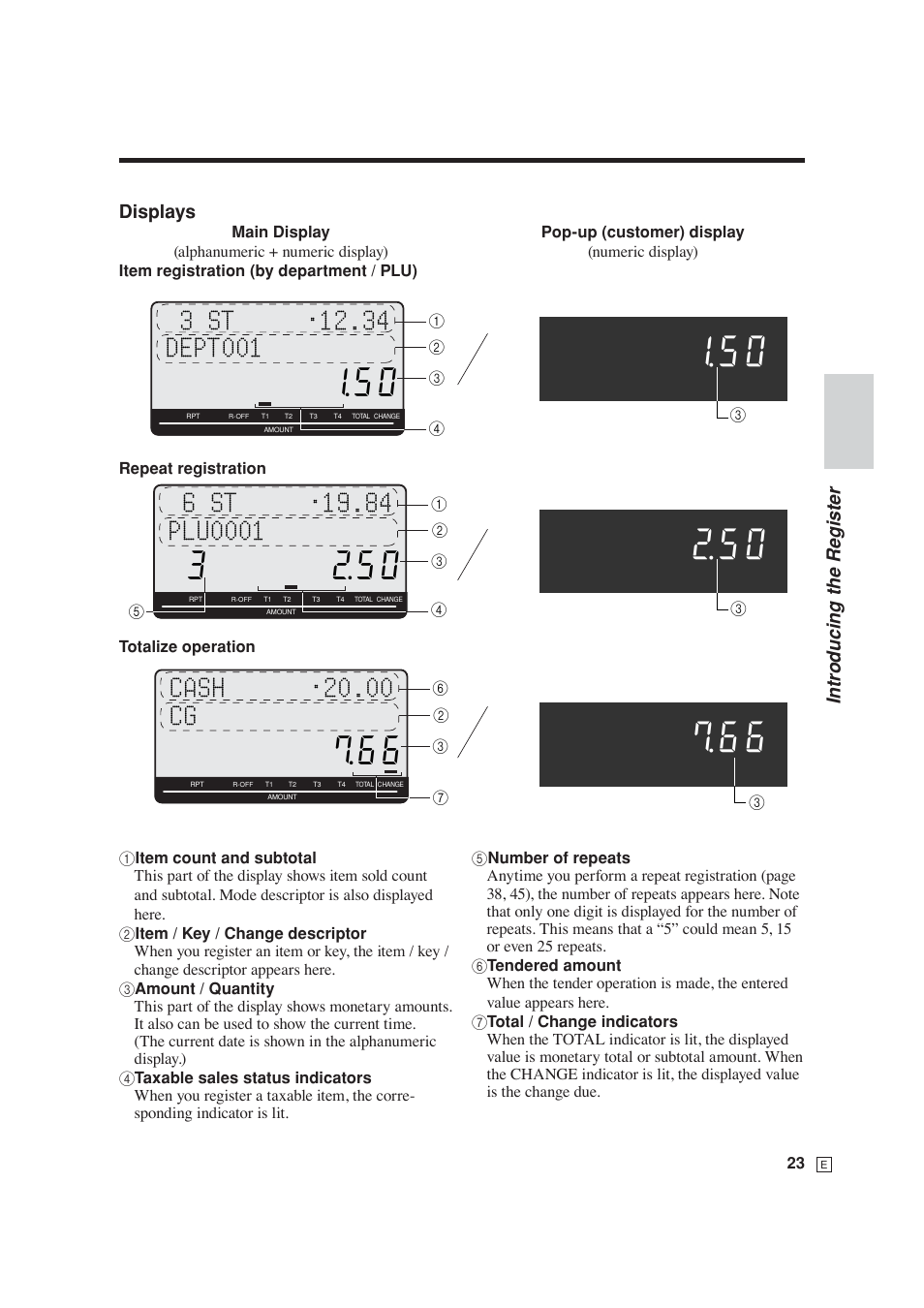 Cash •20.00 cg, Intr oducing the register, Displays | Casio SE-S6000 User Manual | Page 24 / 134