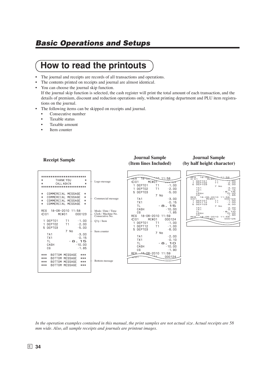 How to read the printouts, Basic operations and setups | Casio SE-S6000 User Manual | Page 35 / 134