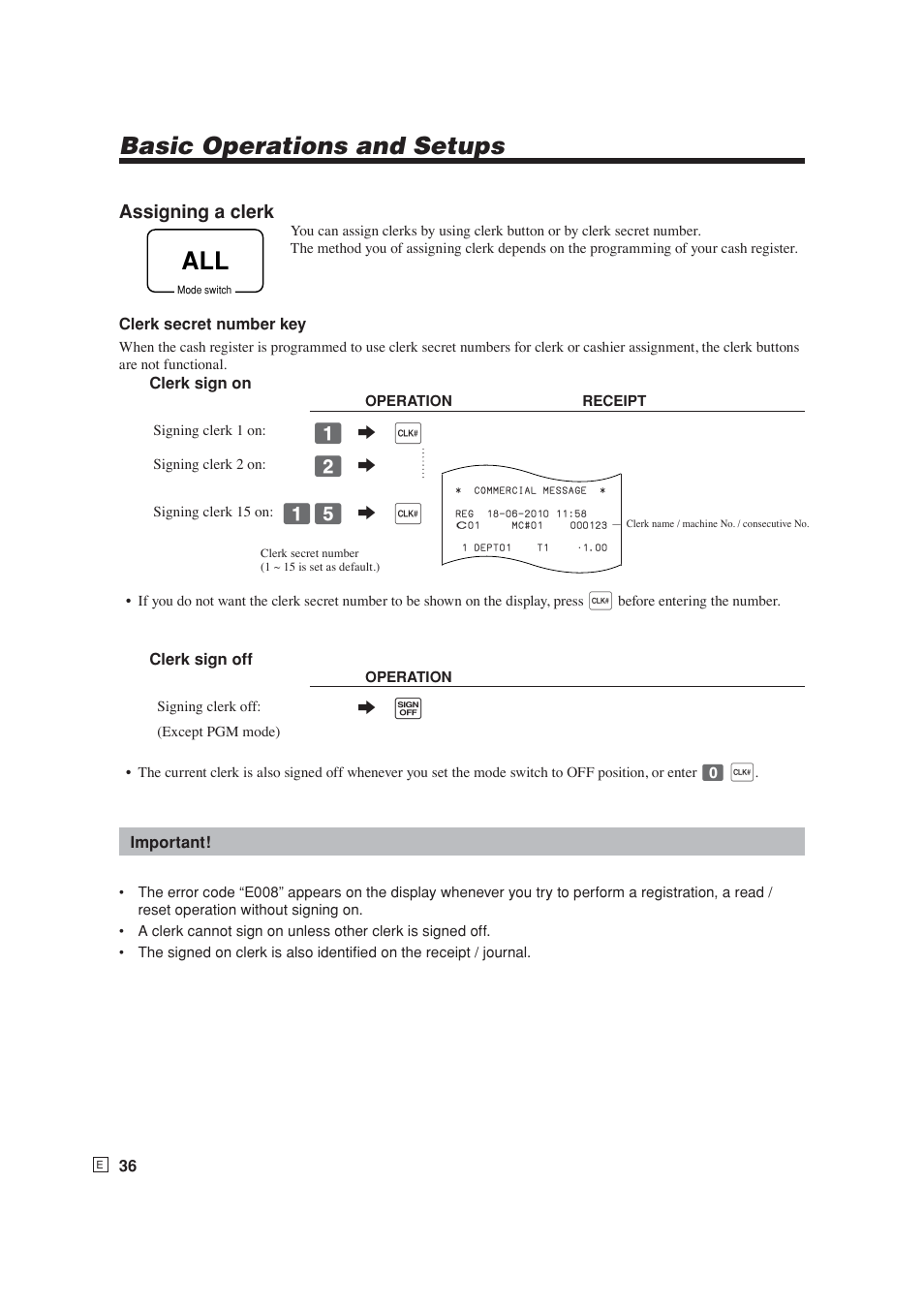 Basic operations and setups, Assigning a clerk | Casio SE-S6000 User Manual | Page 37 / 134