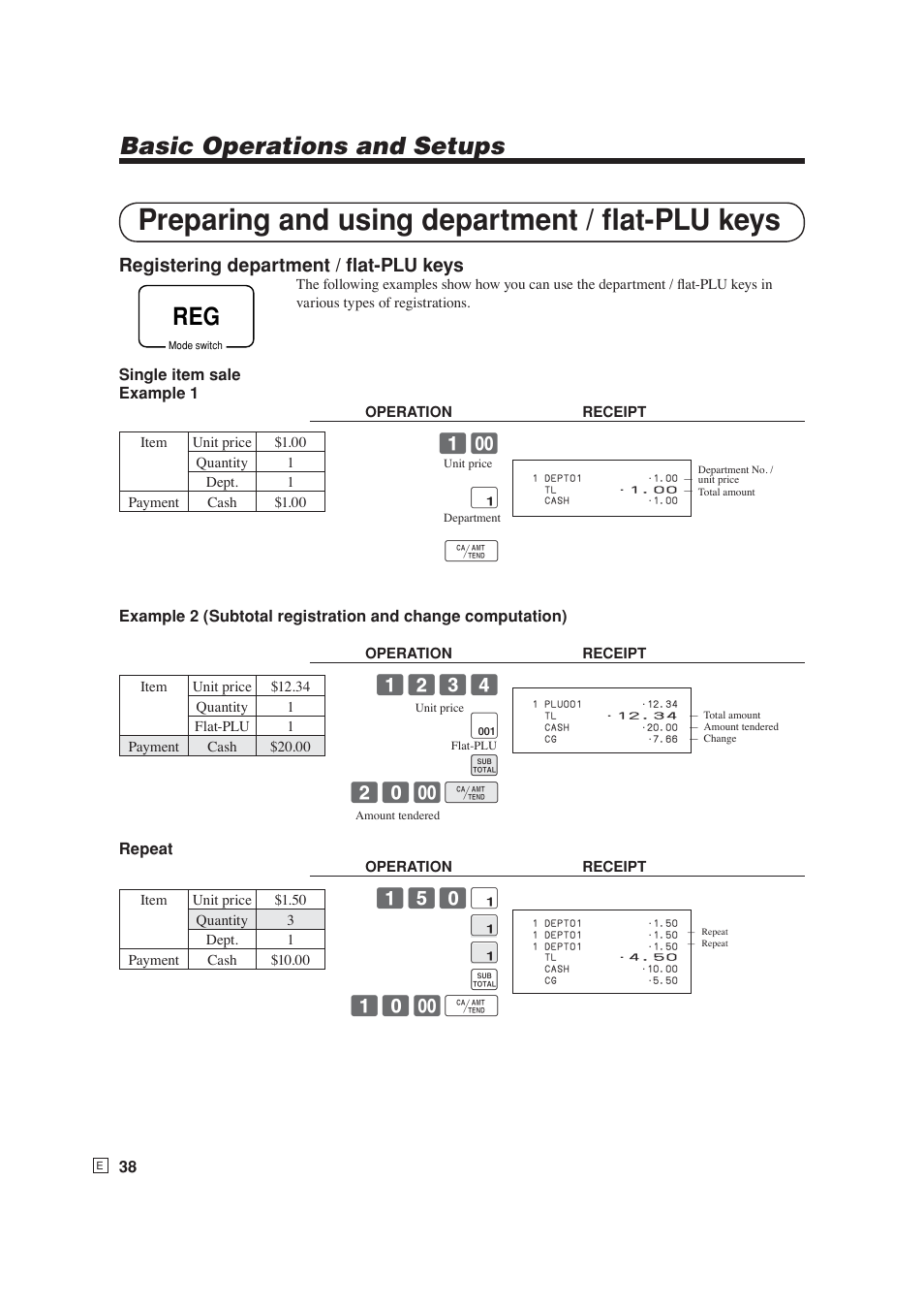 Preparing and using department / fl at-plu keys, Basic operations and setups, Registering department / fl at-plu keys | Casio SE-S6000 User Manual | Page 39 / 134