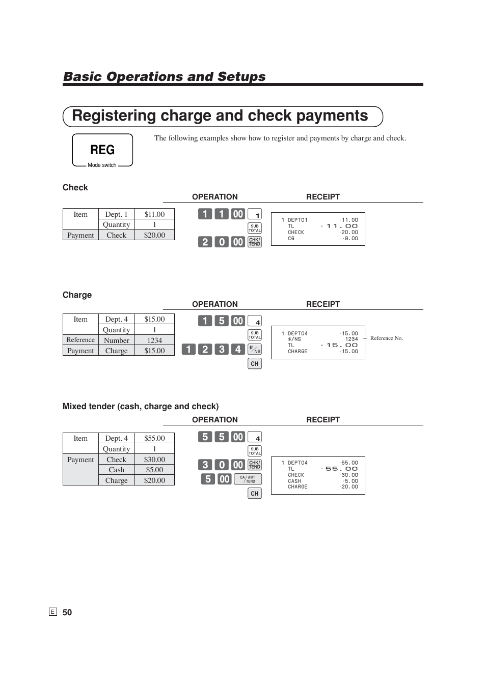 Registering charge and check payments, Basic operations and setups, ! s 20- k | $ s 1234 n h, $ s 30- k 5- f h | Casio SE-S6000 User Manual | Page 51 / 134