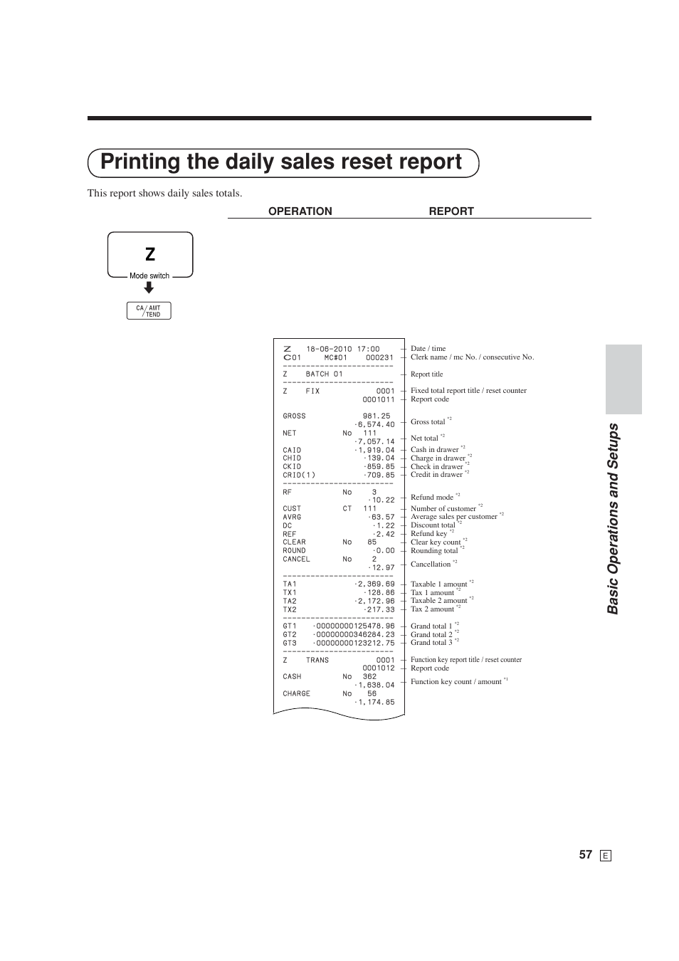 Printing the daily sales reset report, Basic operations and setups | Casio SE-S6000 User Manual | Page 58 / 134