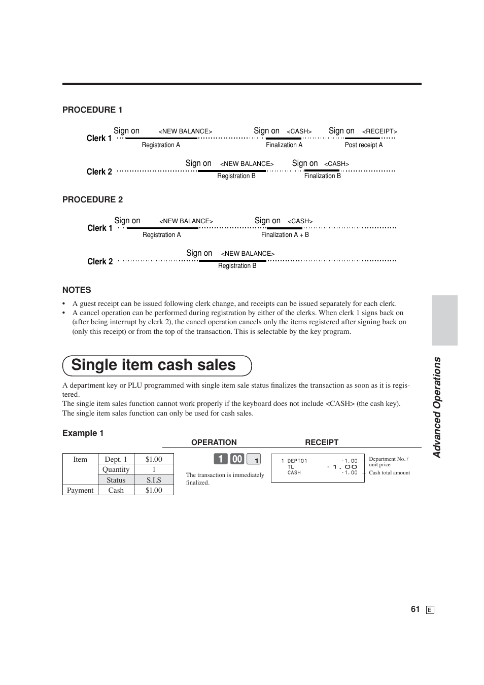 Single item cash sales, Ad v anced operations | Casio SE-S6000 User Manual | Page 62 / 134