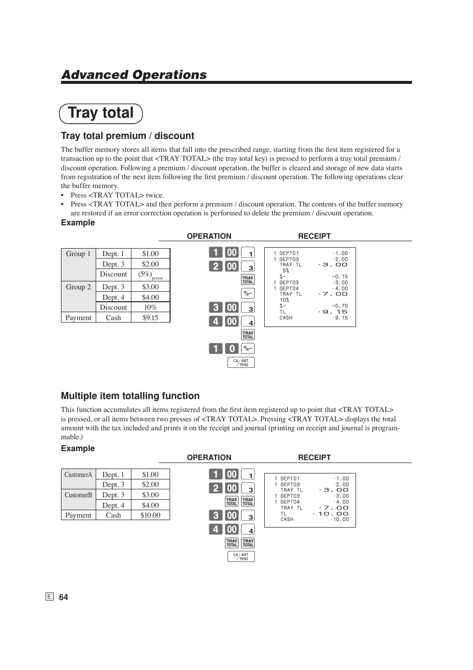 Tray total, Advanced operations, Tray total premium / discount | ! 2- # bb 3- # 4- $ bb f | Casio SE-S6000 User Manual | Page 65 / 134