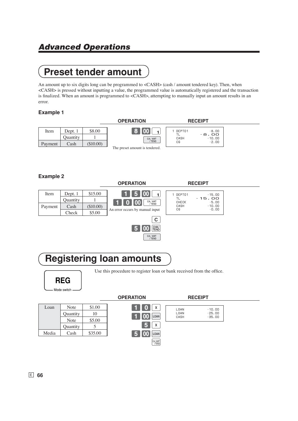 Preset tender amount registering loan amounts, Advanced operations, ! 10- f c 5- k f | Casio SE-S6000 User Manual | Page 67 / 134