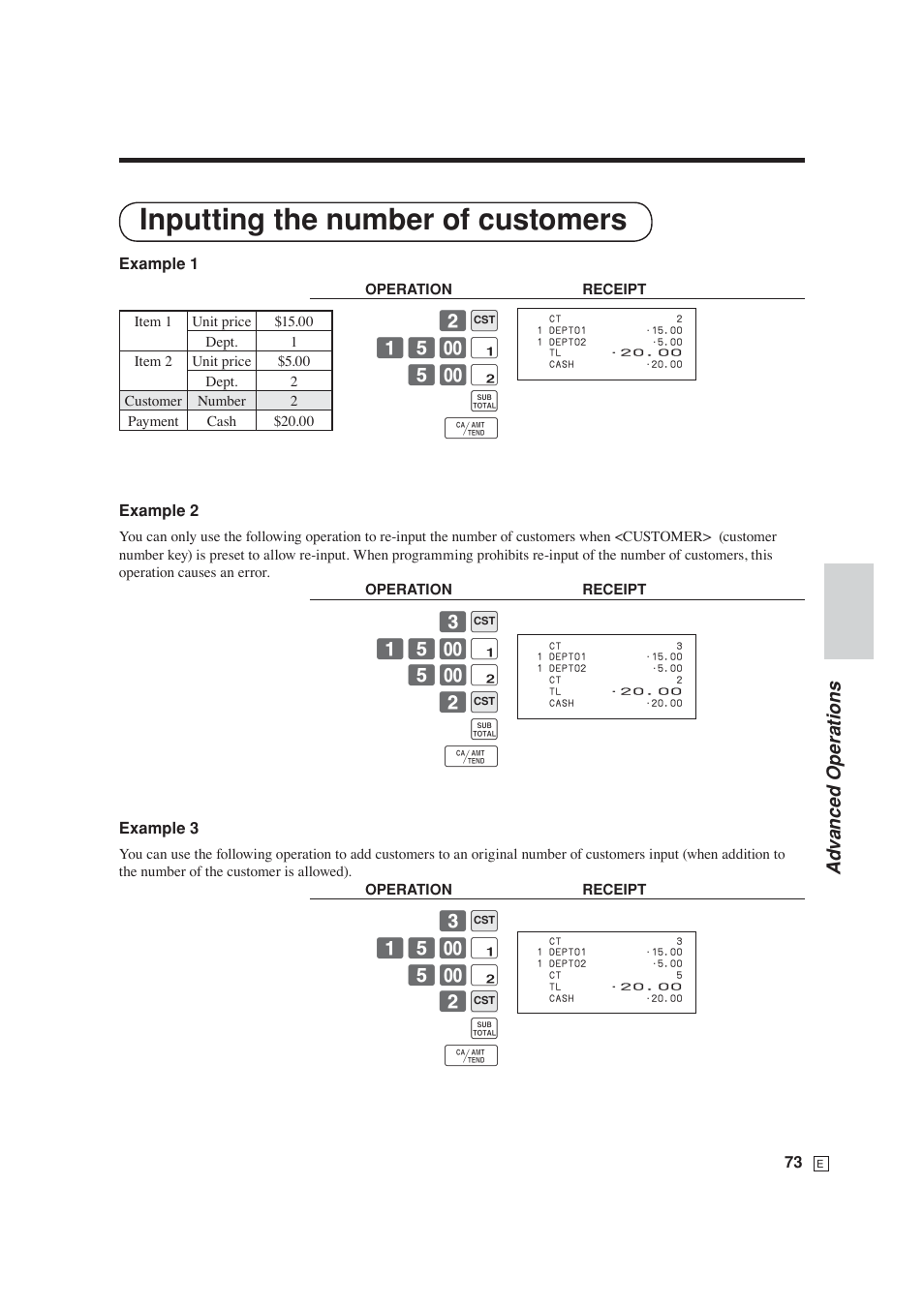 Inputting the number of customers, Ad v anced operations, 2 b 15- ! 5- " s f | Casio SE-S6000 User Manual | Page 74 / 134