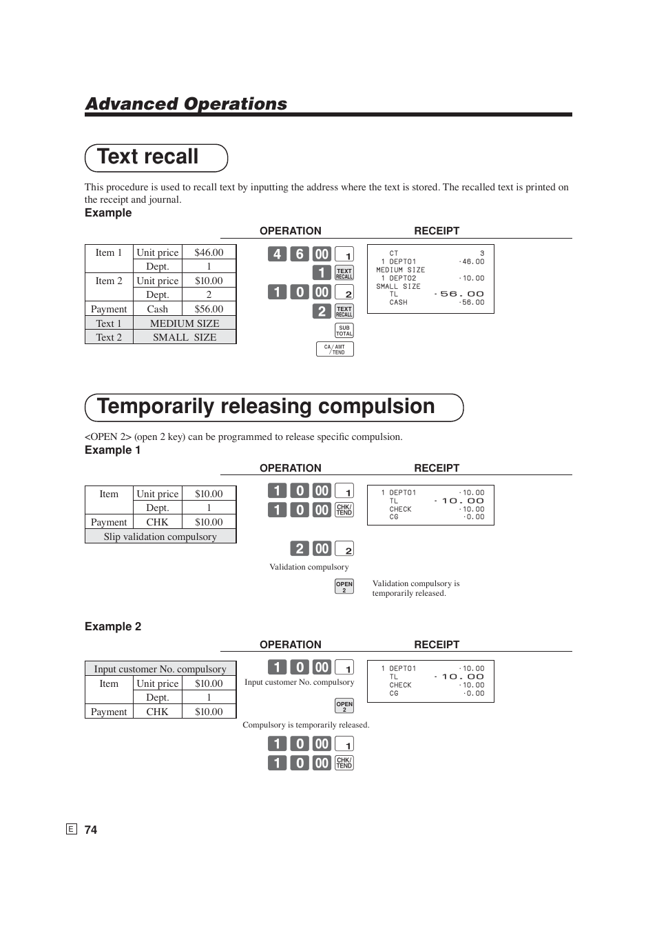 Text recall temporarily releasing compulsion, Advanced operations, ! 10- k 2- " b | ! b 10- ! 10- k, ! 1 b 10- " 2 b s f | Casio SE-S6000 User Manual | Page 75 / 134