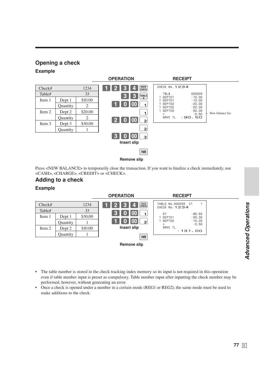 Ad v anced operations, Opening a check, Adding to a check | Casio SE-S6000 User Manual | Page 78 / 134