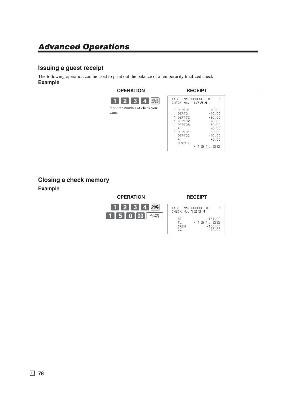 Advanced operations, Issuing a guest receipt, Example | Casio SE-S6000 User Manual | Page 79 / 134