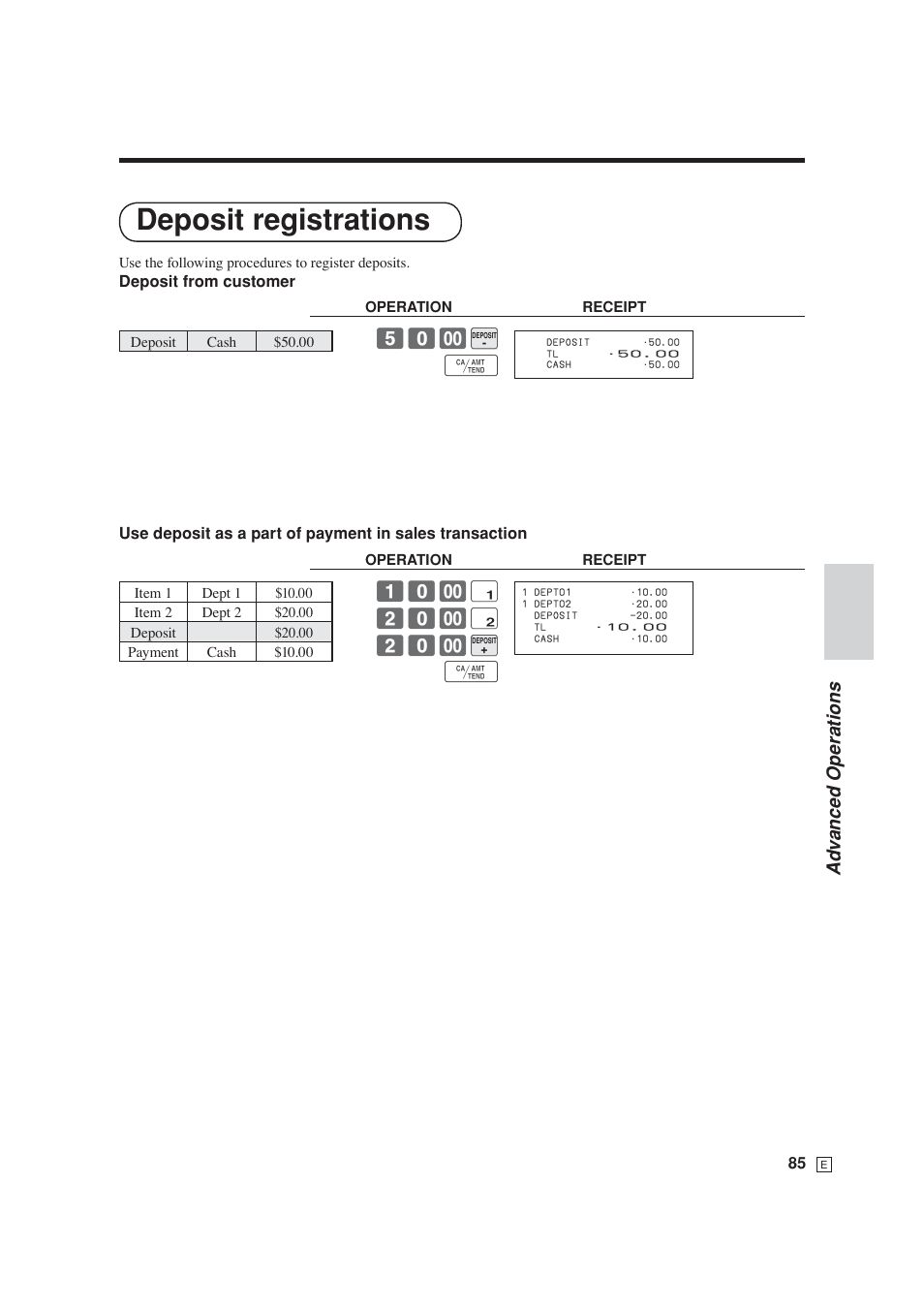 Deposit registrations, Ad v anced operations, ! 20- " 20- b f | Casio SE-S6000 User Manual | Page 86 / 134