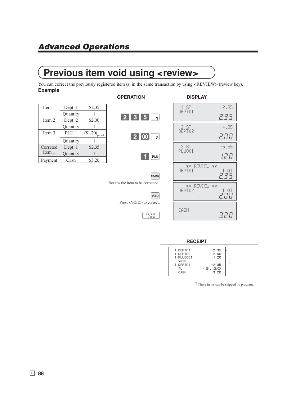 Previous item void using < review, Advanced operations, B "35 | G "00, F #20 | Casio SE-S6000 User Manual | Page 89 / 134