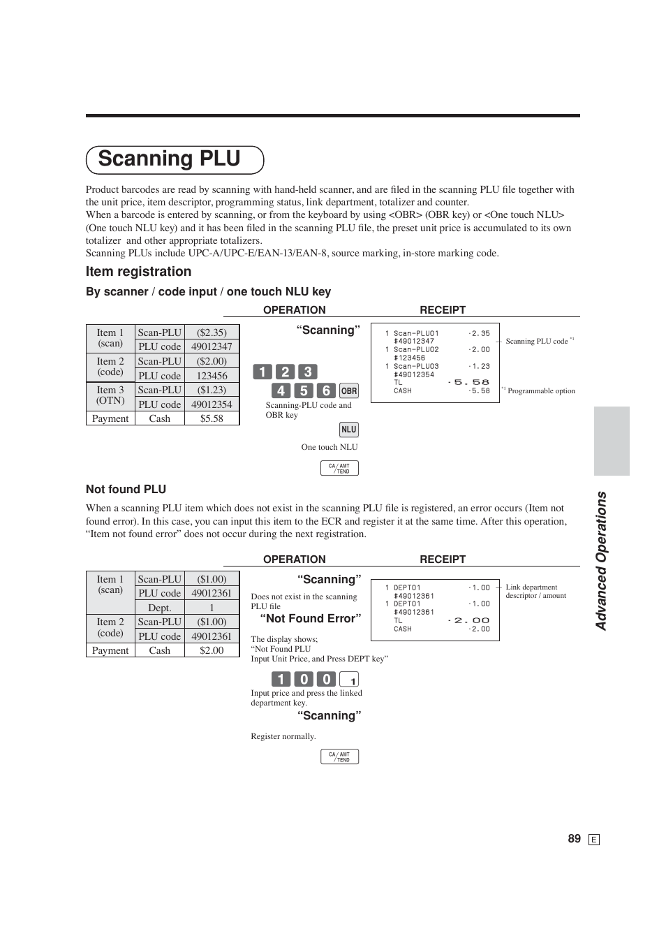 Scanning plu, Ad v anced operations, Item registration | Casio SE-S6000 User Manual | Page 90 / 134