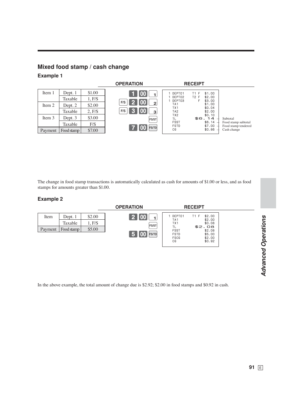 Ad v anced operations, Mixed food stamp / cash change, ! k 2- " k 3- # j 7- i | ! j 5- i | Casio SE-S6000 User Manual | Page 92 / 134