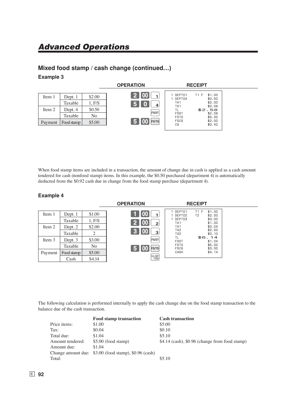 Advanced operations, Mixed food stamp / cash change (continued…), ! 50 $ j 5- i | ! 2- " 3- # j 5- i a | Casio SE-S6000 User Manual | Page 93 / 134