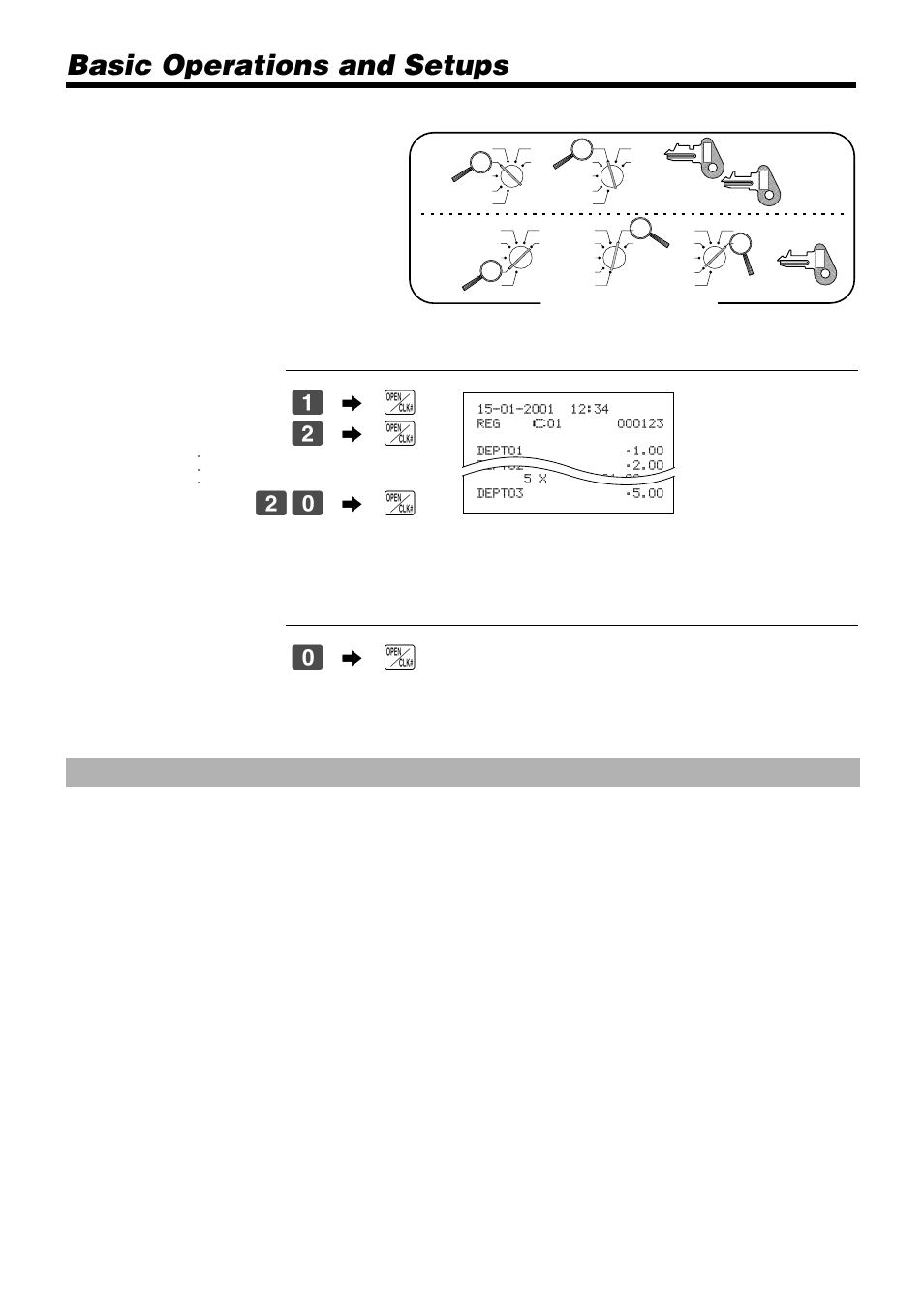Basic operations and setups, Clerk sign on and sign off, Clerk sign on | Clerk sign off, Mode switch, Operation receipt signing clerk 1 on, Signing clerk 2 on, Signing clerk 20 on, Operation signing clerk off | Casio TK-810 User Manual | Page 26 / 116