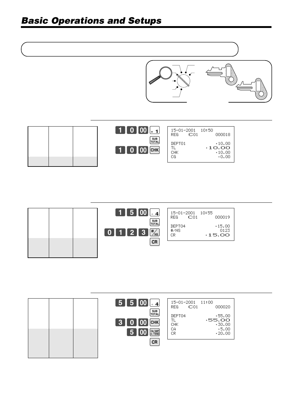 Registering credit and check payments, Basic operations and setups, & s 10- k | ) s 0123 b c, ) s 30- k 5- a c | Casio TK-810 User Manual | Page 40 / 116
