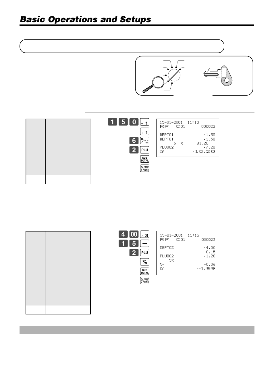 Registering returned goods in the rf mode, Basic operations and setups, ( 15 m 2 + p s a | Casio TK-810 User Manual | Page 42 / 116