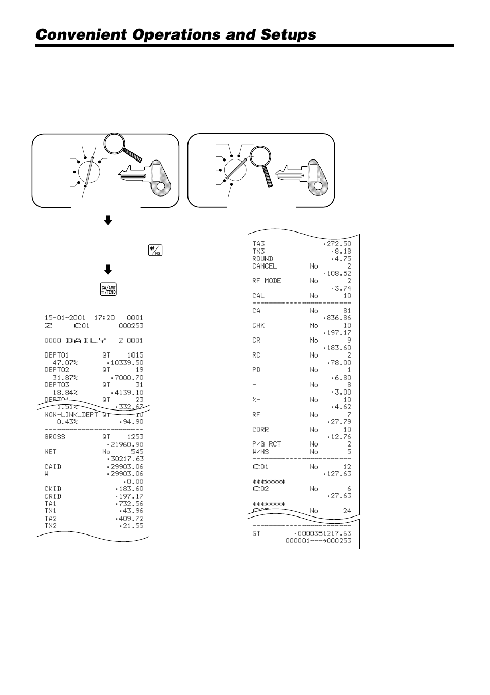 Convenient operations and setups, Read reset, Mode switch | 8money declaration, Cash in drawer amount b) 8, These items can be skipped by programming | Casio TK-810 User Manual | Page 94 / 116