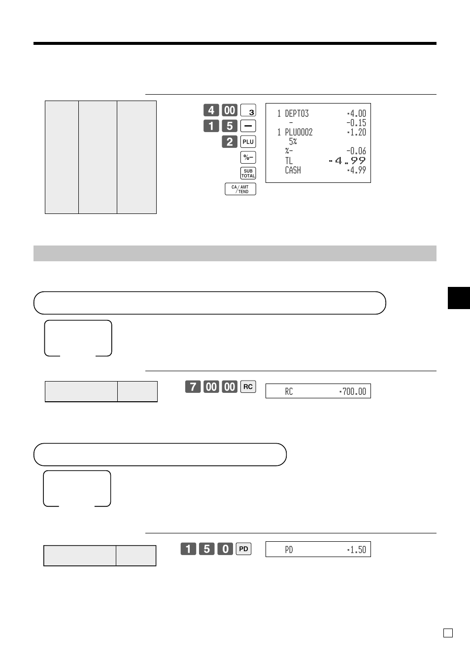 Registering money received on account, Registering money paid out, Basic operations and setups | Reduction of amounts paid on refund, # 15 m 2 + p s f, 150 p | Casio TK-3200 User Manual | Page 51 / 118