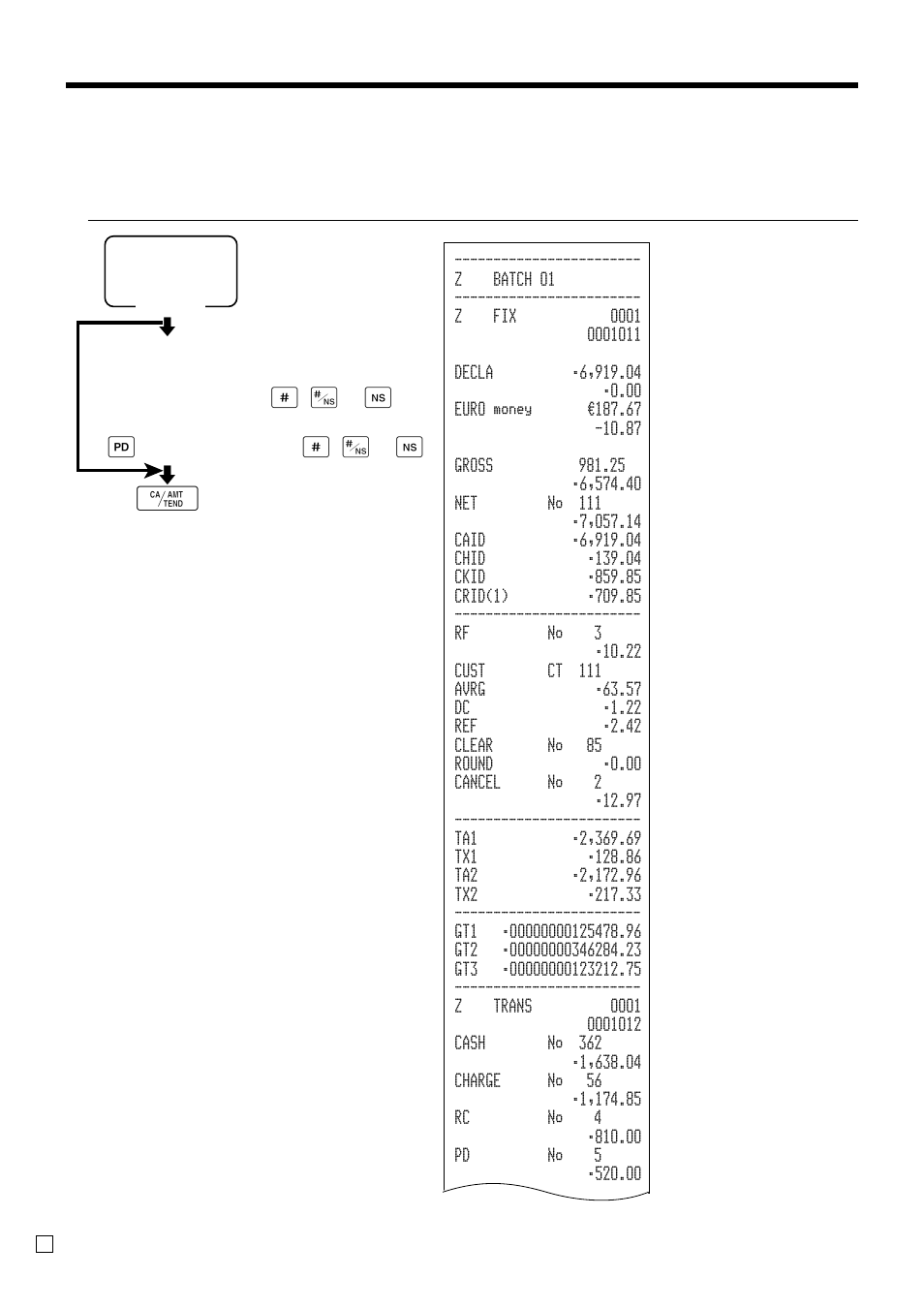 Advanced operations, X1/z1, Money declaration | Main currency: (cash in drawer amount, Sub currency, Cash in drawer amount | Casio TK-3200 User Manual | Page 96 / 118