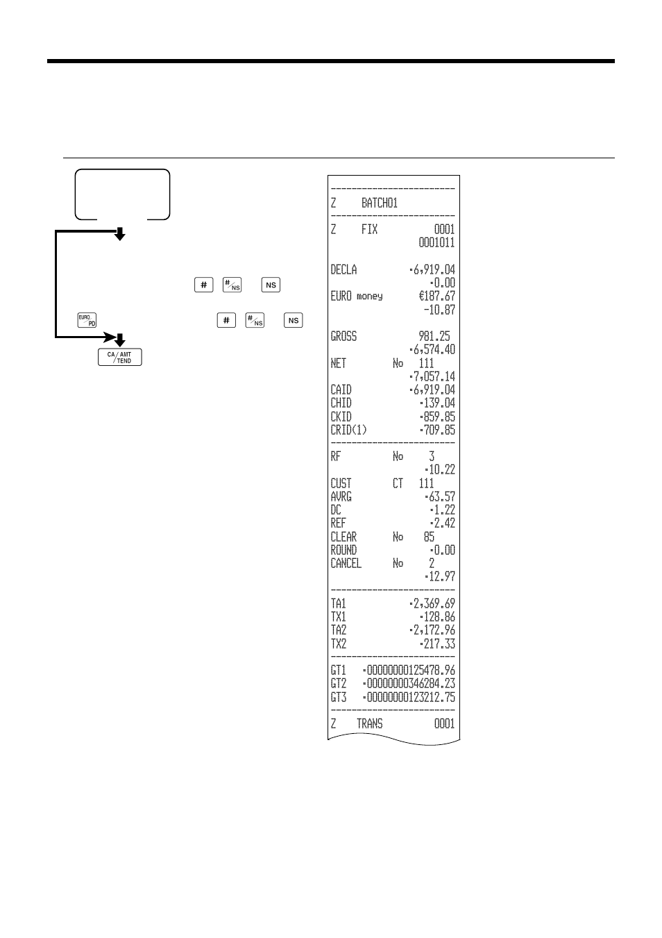 Advanced operations, X1/z1, Money declaration | Main currency: (cash in drawer amount, Sub currency, Cash in drawer amount | Casio TK-7000 User Manual | Page 104 / 132