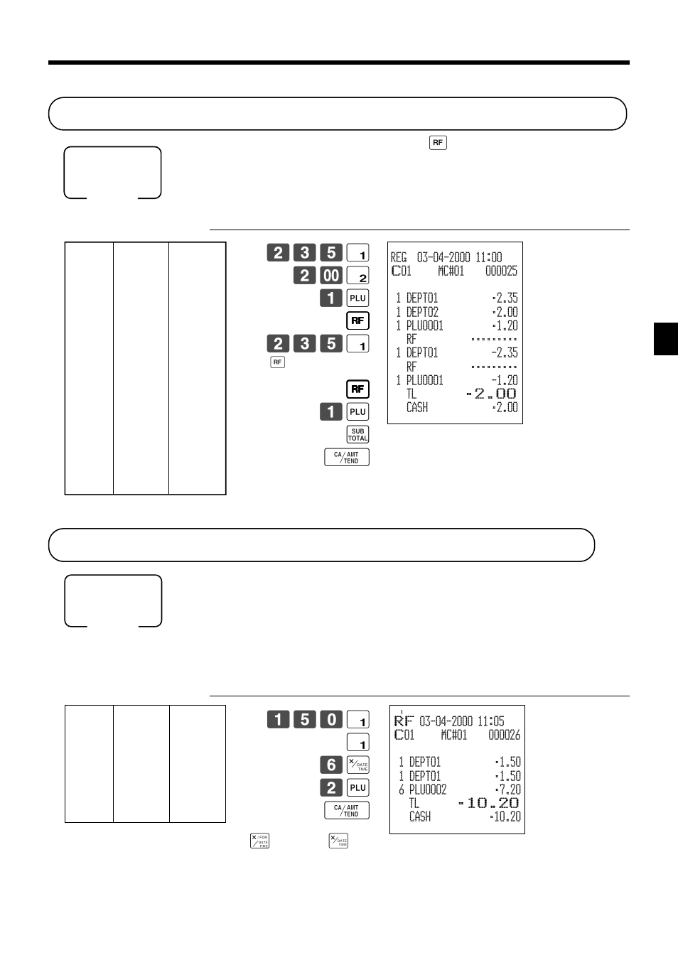 Registering returned goods in the rf mode, Registering returned goods in the reg mode, Basic operations and setups | Normal refund transaction | Casio TK-7000 User Manual | Page 47 / 132