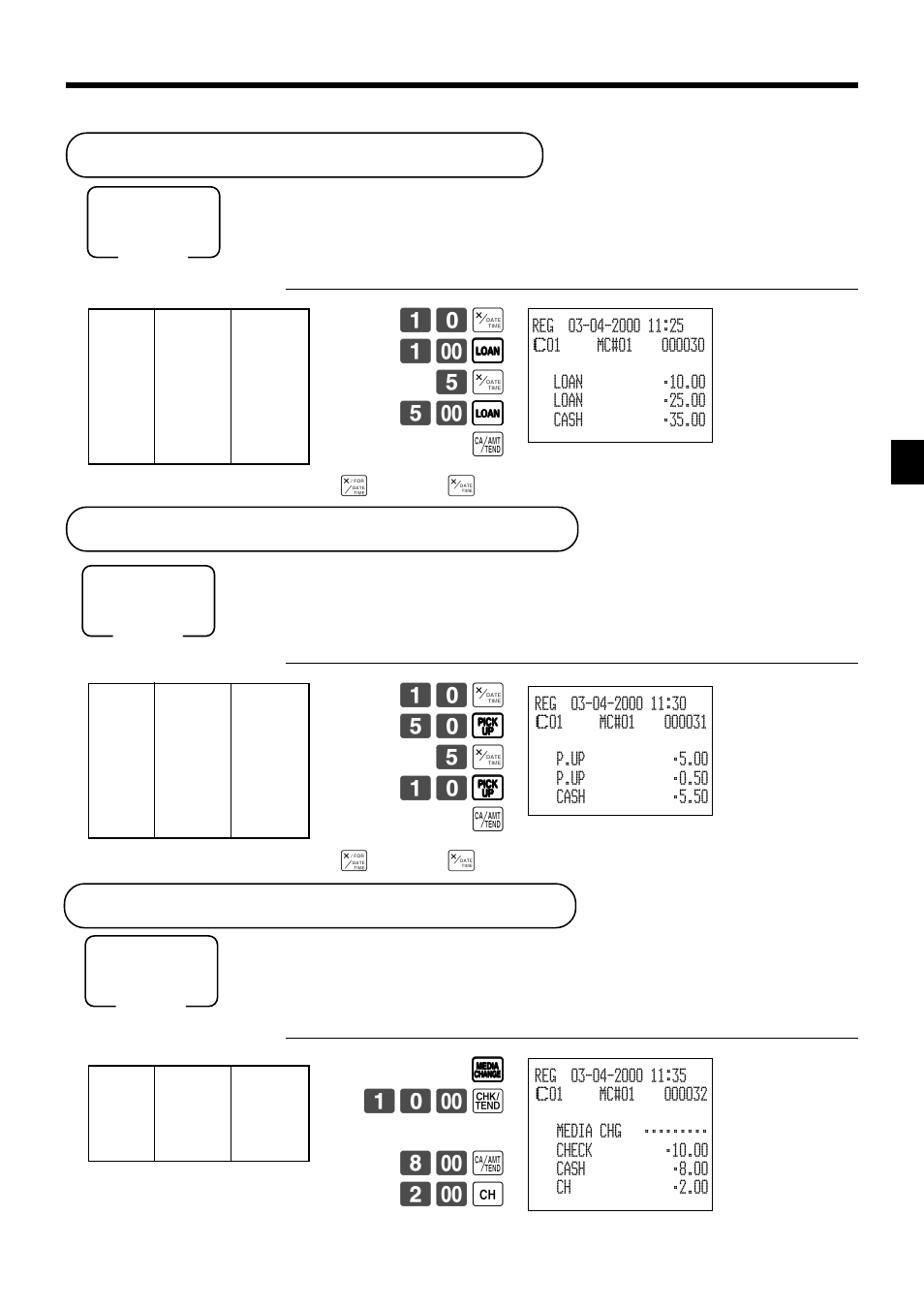 Registering loan amounts, Registering pick up amounts, Changing media in drawer | Casio TK-7000 User Manual | Page 49 / 132