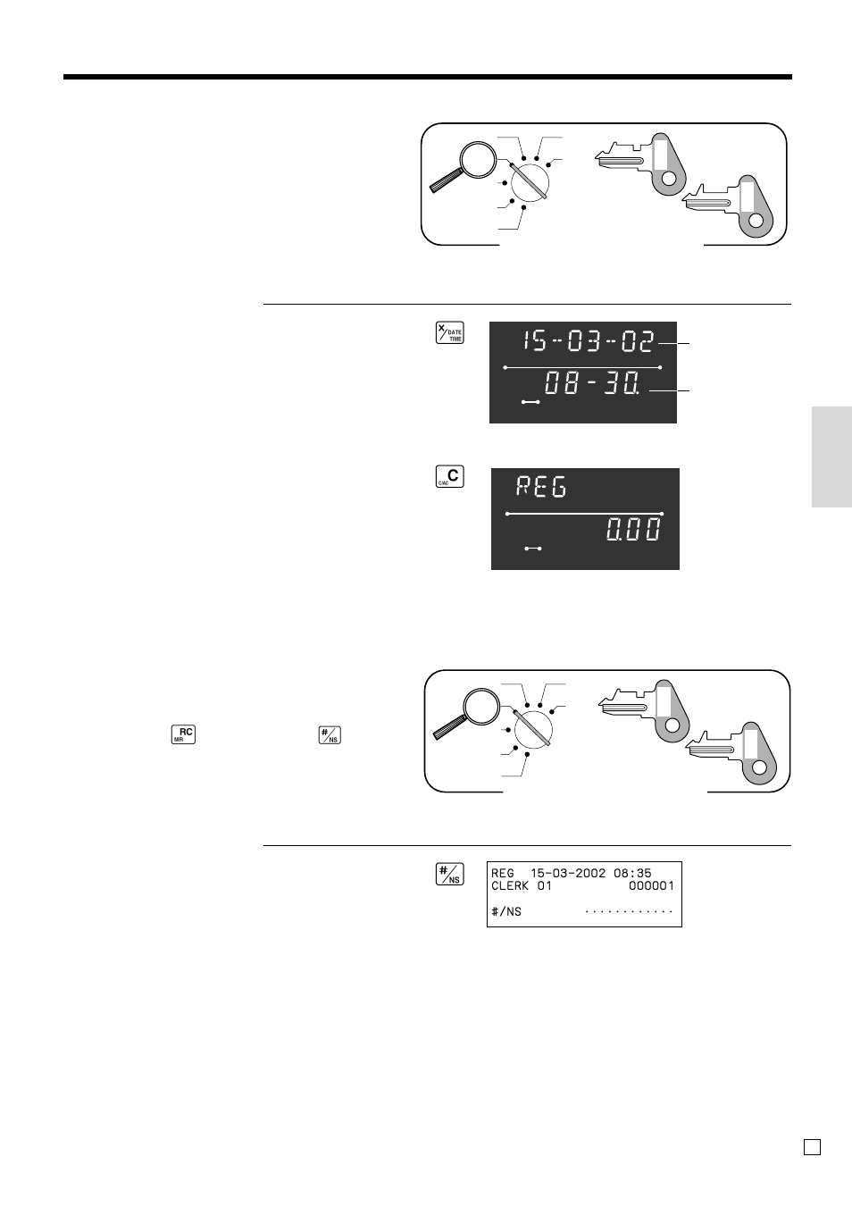 Basic operations and setups, Displaying the time and date, Xc preparing coins for change | Opening the drawer without a sale, Mode switch | Casio TK-T200 User Manual | Page 25 / 104