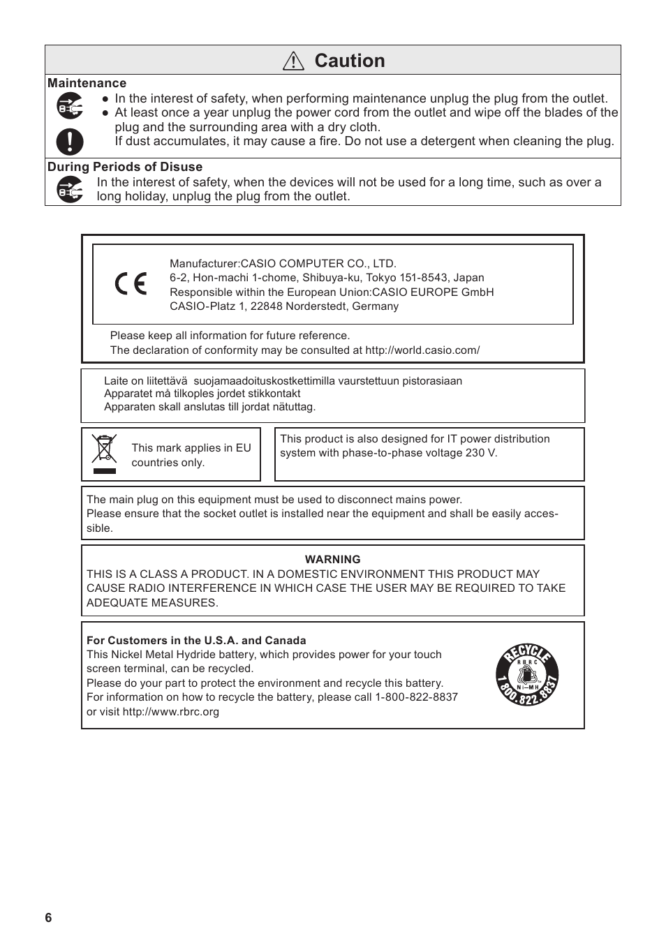 Caution | Casio V-R100 User Manual | Page 6 / 36