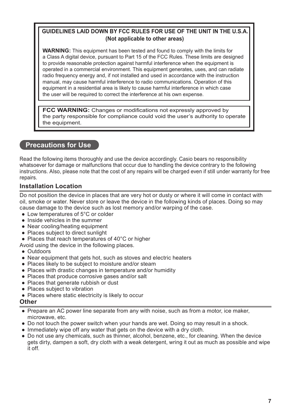 Precautions for use | Casio V-R100 User Manual | Page 7 / 36
