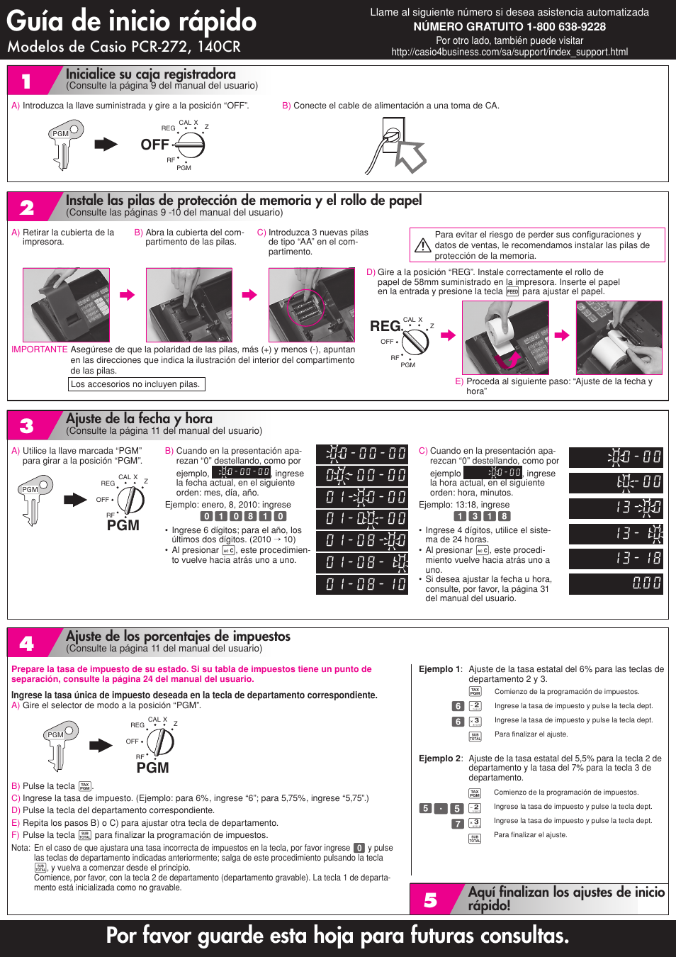 Guía de inicio rápido, Por favor guarde esta hoja para futuras consultas, 6reg | Inicialice su caja registradora, Ajuste de los porcentajes de impuestos | Casio PCR-272 Quick Start User Manual | Page 2 / 2