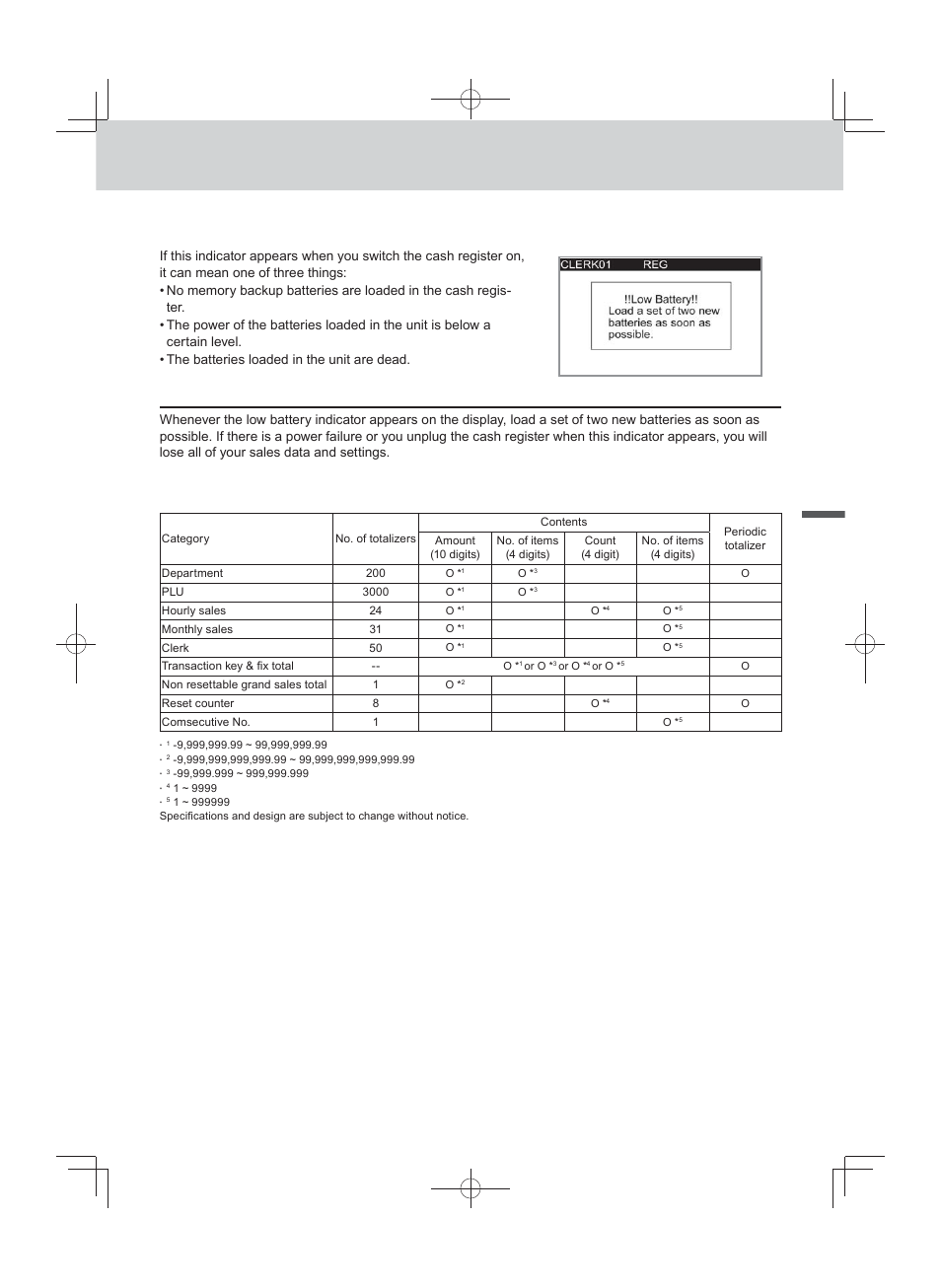 Advanced programmings and registrations, About the low battery indicator | Casio PCR-T500 User Manual | Page 101 / 102