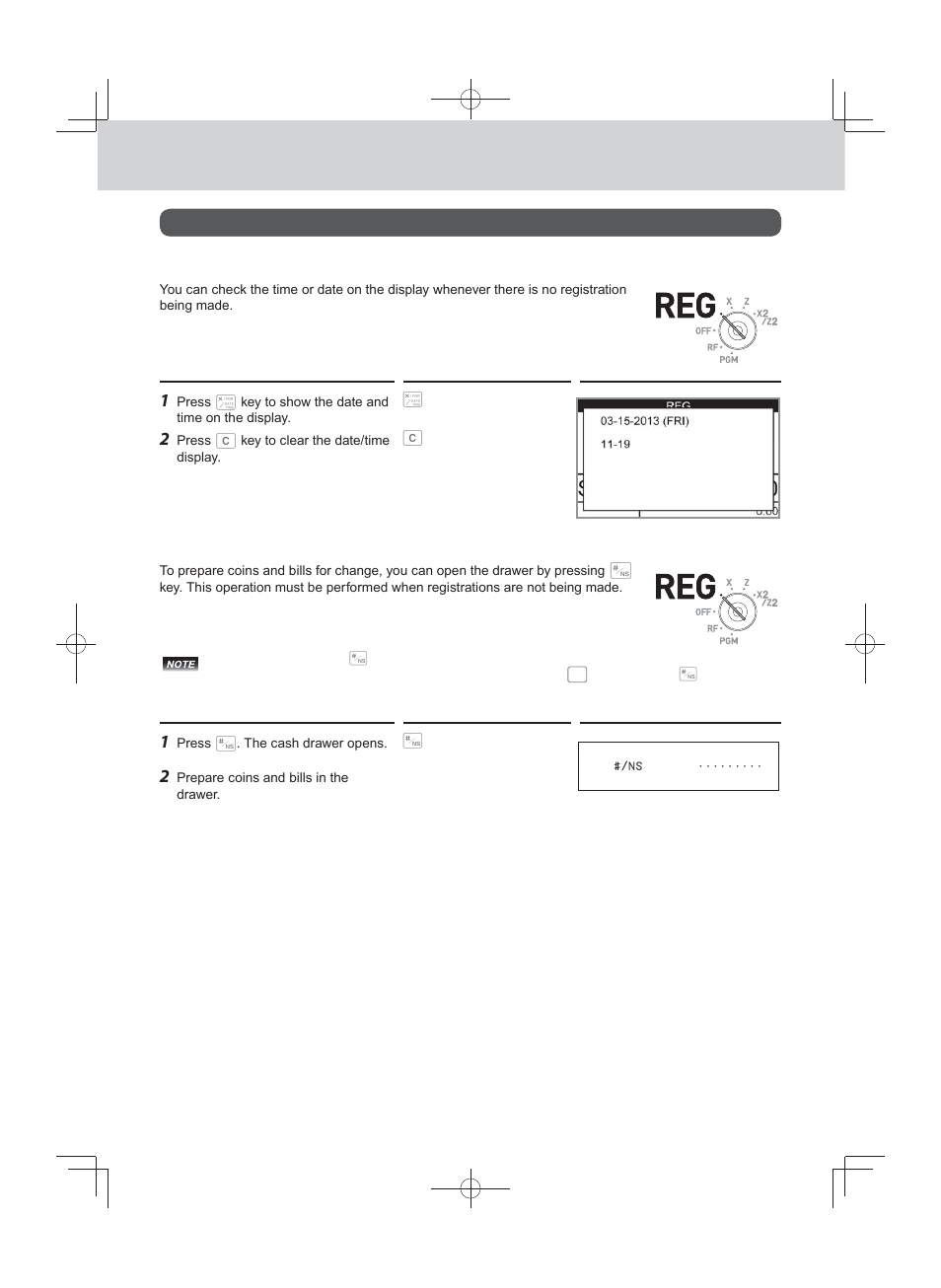 Checking the time and date, Preparing bills and coins for change | Casio PCR-T500 User Manual | Page 22 / 102
