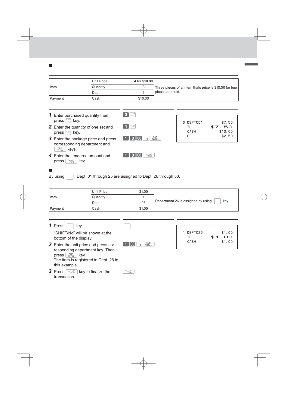 Ba sic func tion, Split sales of packaged items, Department shift | Casio PCR-T500 User Manual | Page 25 / 102